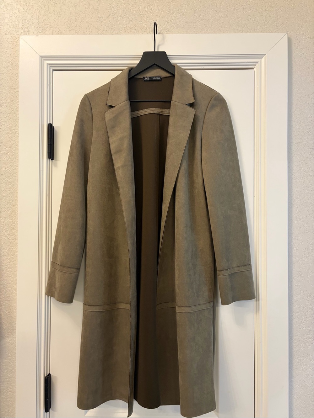 Zara Women’s Taupe Suede Open-Front Long Coat